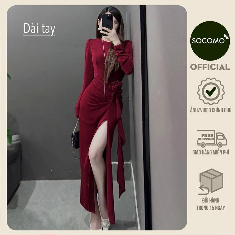 Socomo Váy đầm ôm dáng dài xẻ cạnh chất nhúng lạnh cao cấp   V132024 Nữ Nhung Women Màu Đỏ Dress Voan Voi