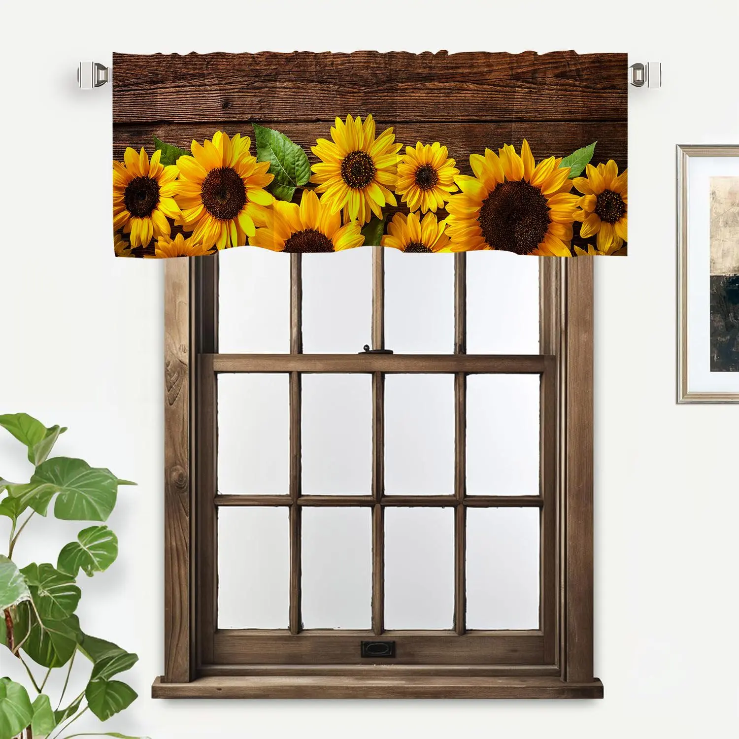 Wooden Slat & Sunflower Print Curtain Valance, 1 Count Farmhouse Style Window Short Curtain, Home Decor for Living Room Bedroom Office