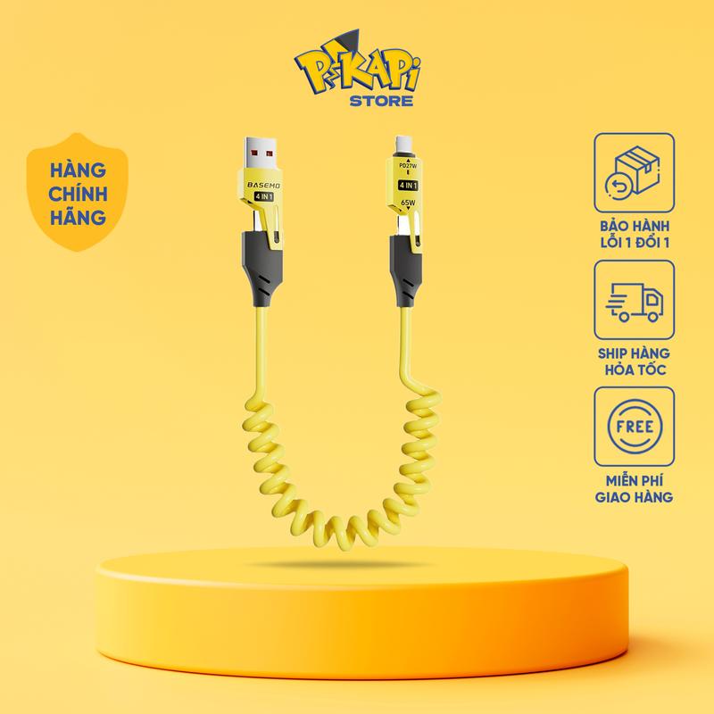 BH 3 Tháng Pikapi Dây Sạc 4 in 1 Thiết Kế LÒ XO Độc Đáo Kéo Dài 1.5m Sạc Nhanh PD iPhone 27W Chuẩn PD Android & Laptop 65W Chất Liệu Cao Su Bền Bỉ