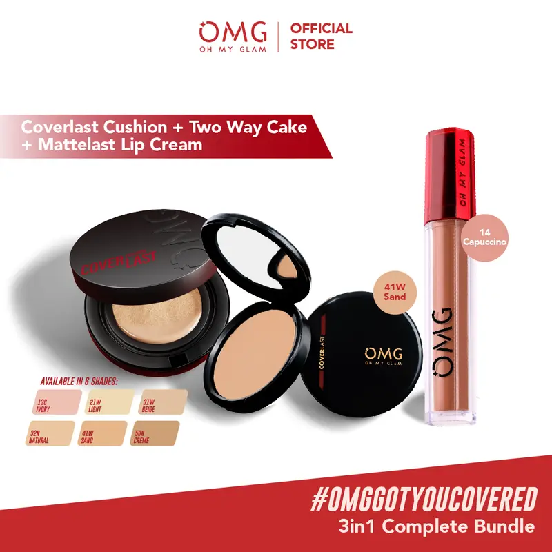 [Pilihan Creator OMG] - Buy 3 Lebih Hemat! Chic Flawless Makeup Kit OMG Oh My Glam Coverlast Cushion , Two Way Cake & Mattelast Lip Cream 2