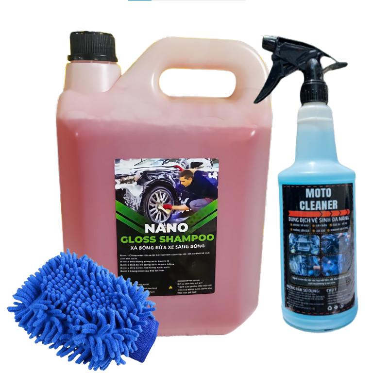 Combo 3 món rửa xe (Can rửa xe nano mùi dâu 5 lít , chai tẩy rửa lốc máy 850ml và găng tay lau xe) dd  70 giay  rua dầu  rửa  sên nước  rửa  xe  không  chạm