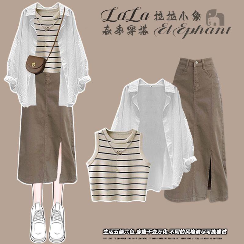 Product Introduction of Spring Wear a Set of 2024 New High-Grade Younger Shirt Vest with Flab Hiding Skirt Three-Piece Set Women Suits Lingerie Overalls Lady Basic Minimalist Womenswear Comfort 2