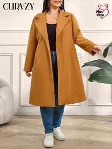 CURVZY Plus Size Solid Lapel Neck Open Front Trench Coat, Casual Long Sleeve Pocket Outerwear for Fall & Winter, Women's Clothes for Daily Wear