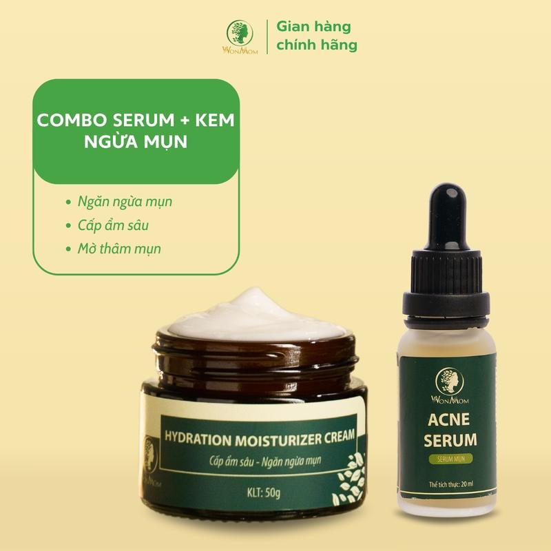 Combo 2 Món Trị Mụn Cơ Bản, Giảm Mụn , Làm Đẹp Da, Chăm Sóc Da Cho Da Mụn Wonmom ( 1 Kem Cấp Ẩm Ngừa Mụn + 1 Serum Mụn )
