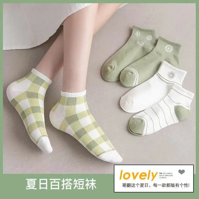 Kaos Kaki Wanita Motif Lemon Hijau Lumut Kotak Fashion Korea Women Sock Import Panjang Katun 1