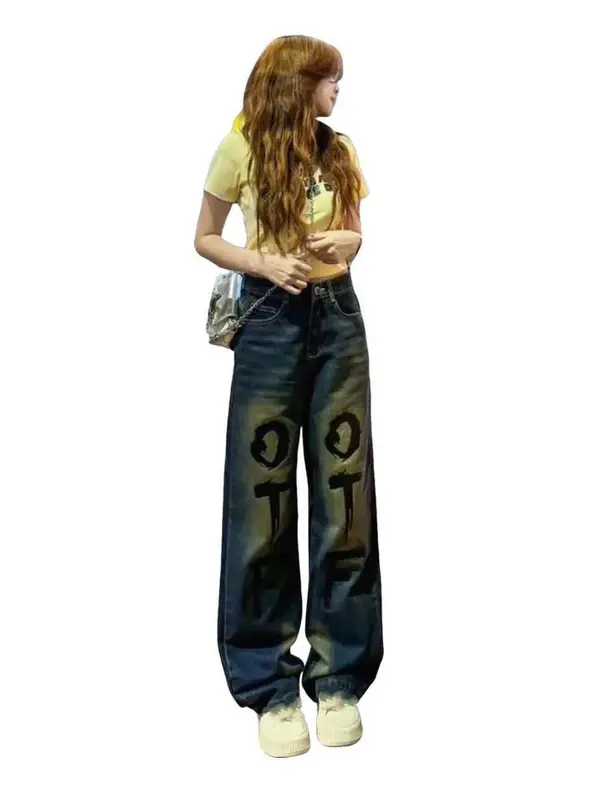 QUẦN JEANS NỮ XANH CẠP CAO KHÔNG GIÃN WASH LOANG MÀU BỤI VÀNG IN CHỮ SƠN ĐEN THỜI TRANG CÁ TÍNH Women Pants Có Túi Navy 3