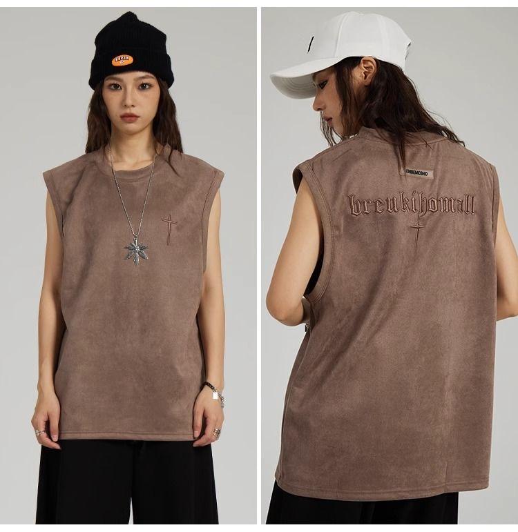 Product Introduction of American Style Sleeveless Vest for Men Summer Suede Embroidered Tank Top Trendy Loose Sports Shirt 16