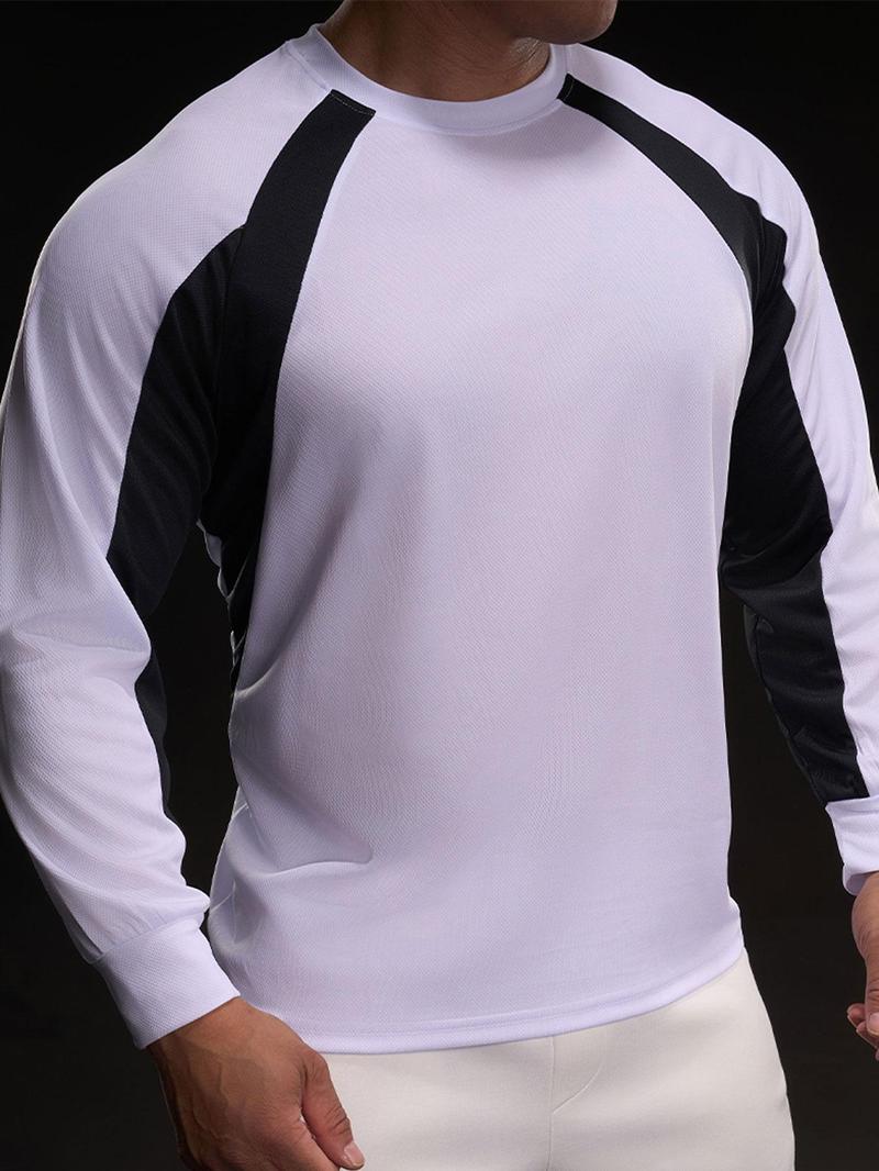 Product Introduction of Men's Colorblock Long Sleeve Ice Silk Tee, Regular Fit Casual Round Neck Quick Drying T-shirt for Daily Wear, Men's Top for All Seasons 3