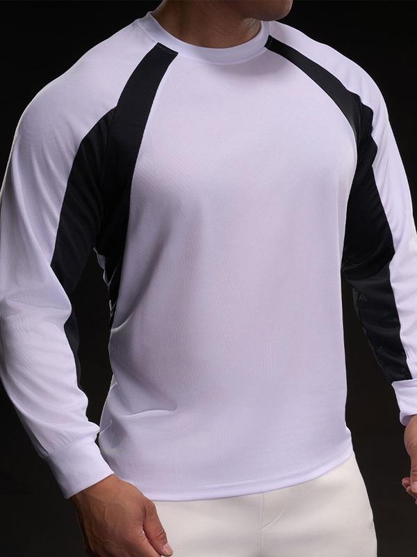 Men's Colorblock Long Sleeve Ice Silk Tee, Regular Fit Casual Round Neck Quick Drying T-shirt for Daily Wear, Men's Top for All Seasons 2