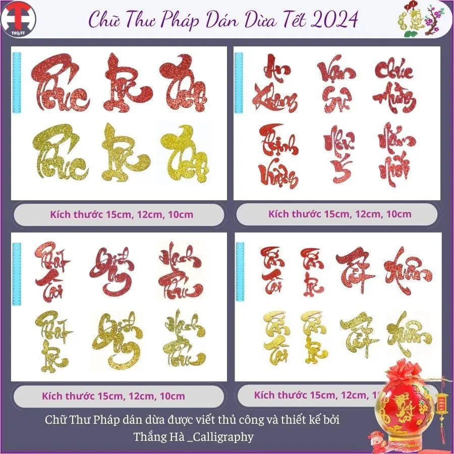[18]Chữ kim tuyến có sẵn keo 12cm dán Dừa Tết 2025 [ trang trí dưa, dừa bưởi thư pháp ] Tranh