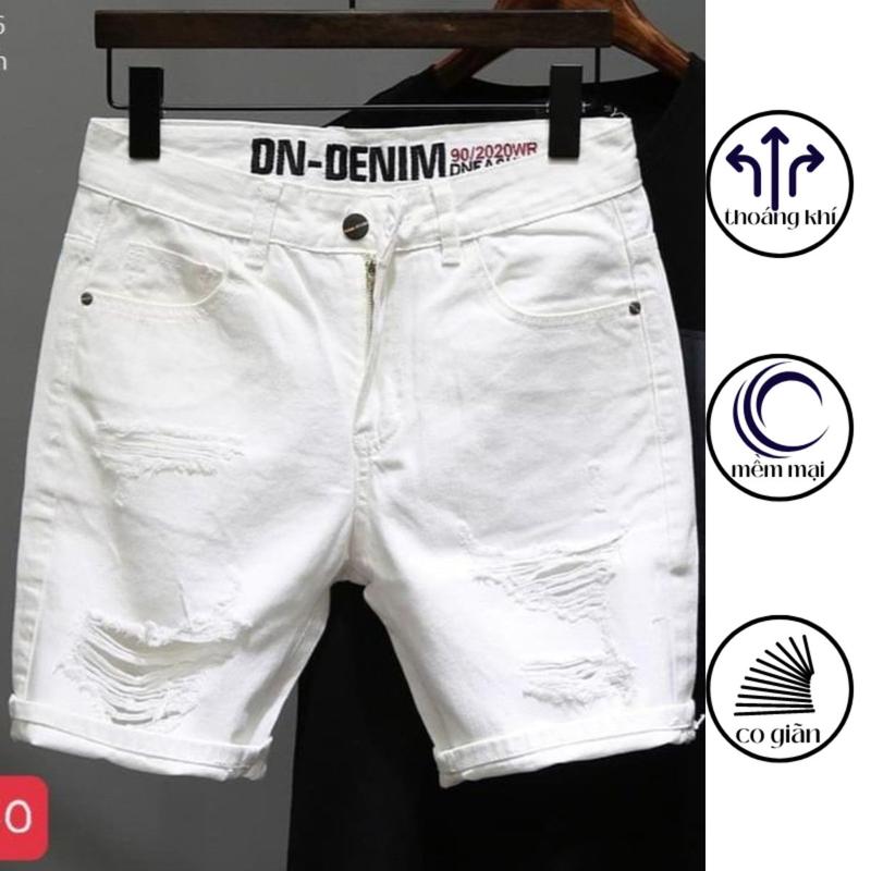 QS250 Quần jean short nam màu trắng rách, Quần đùi bò nam trắng rách