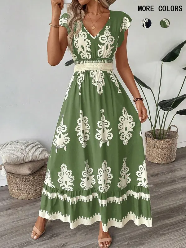 Women's All Over Print Ruffle Hem A Line Dress, Boho Fashion V Neck Cap Sleeve Long Dress for Beach Holiday Vacation, Summer Dress, Ladies Dress for Summer, Bohemian Womenswear, Vneck 1