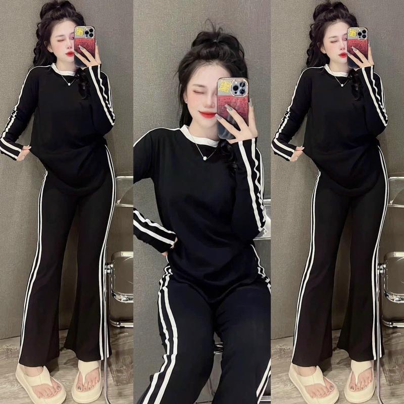 Set Đồ Nữ Phối Sọc Áo Tay Dài Vạt Bầu Kèm Quần Dài Xinh Xắn Dành Cho Nàng. Thun Top Women