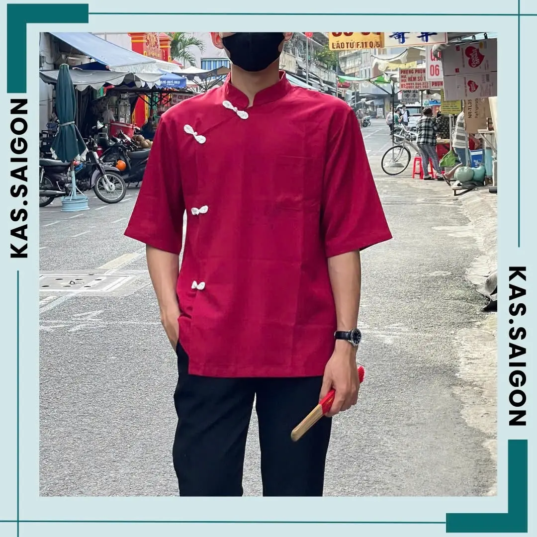 Áo cổ tàu vạt chéo nút sẩm unisex - Trắng