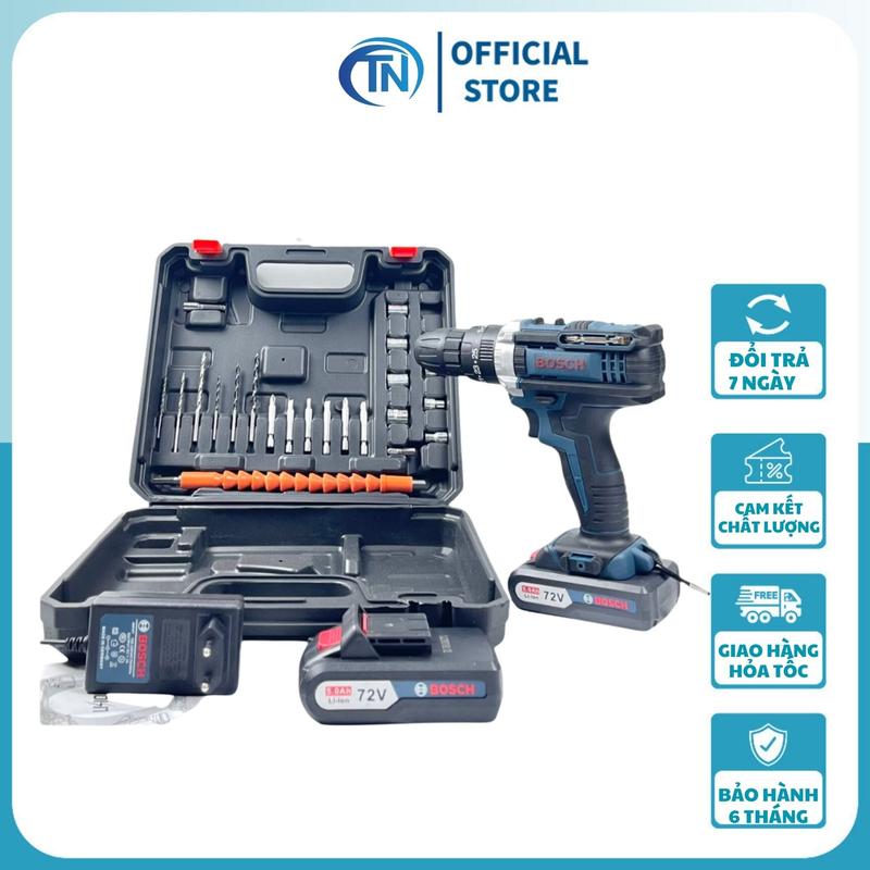 Máy khoan pin Bosch 72v, máy khoan cầm tay 3 chức năng có búa tặng bộ phụ kiện 24 chi tiết