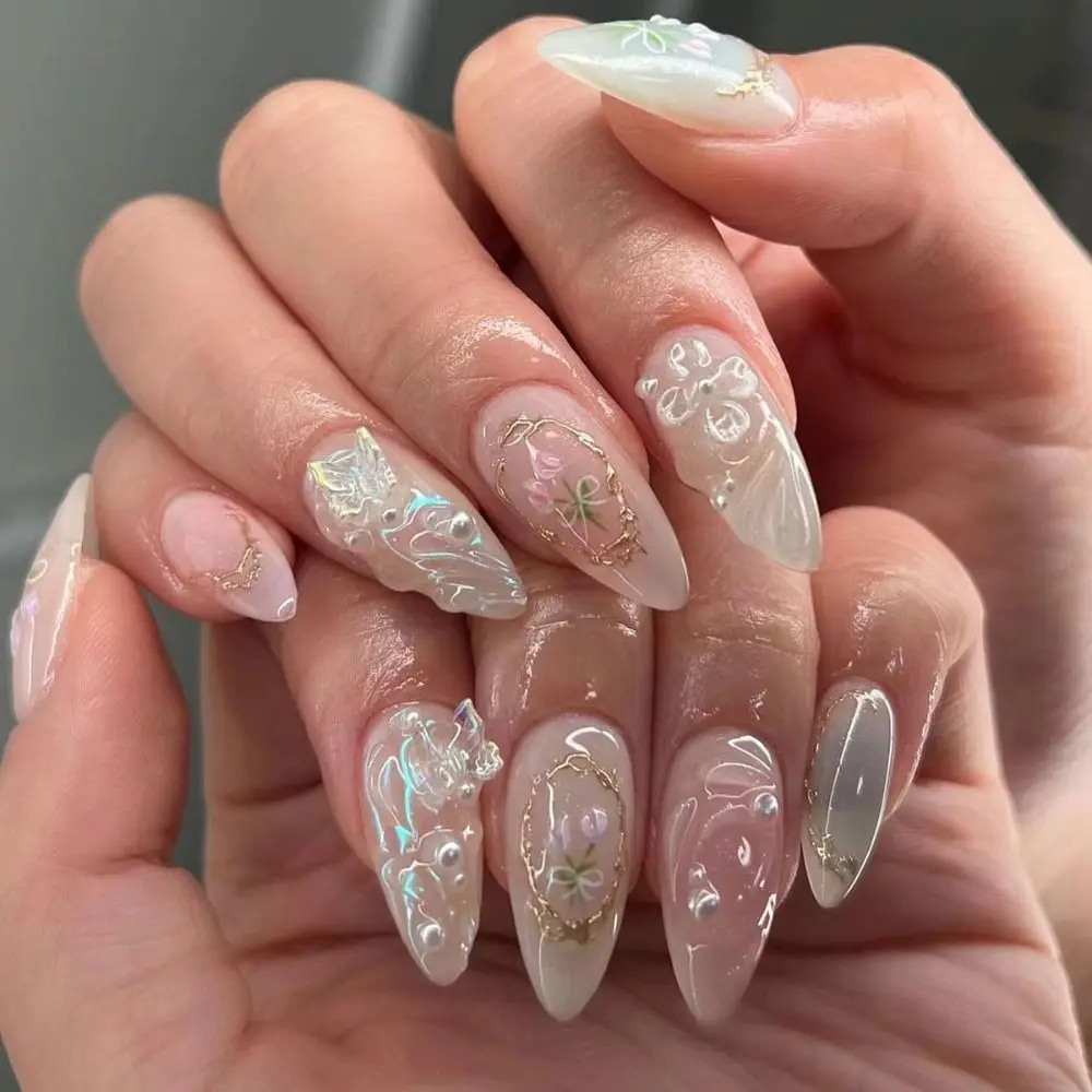 24pcs Manicure Long Almond False Nails Stiletto Ballerina Press on Nails Detachable Stained Love Butterfly Flame Fake Nials Women