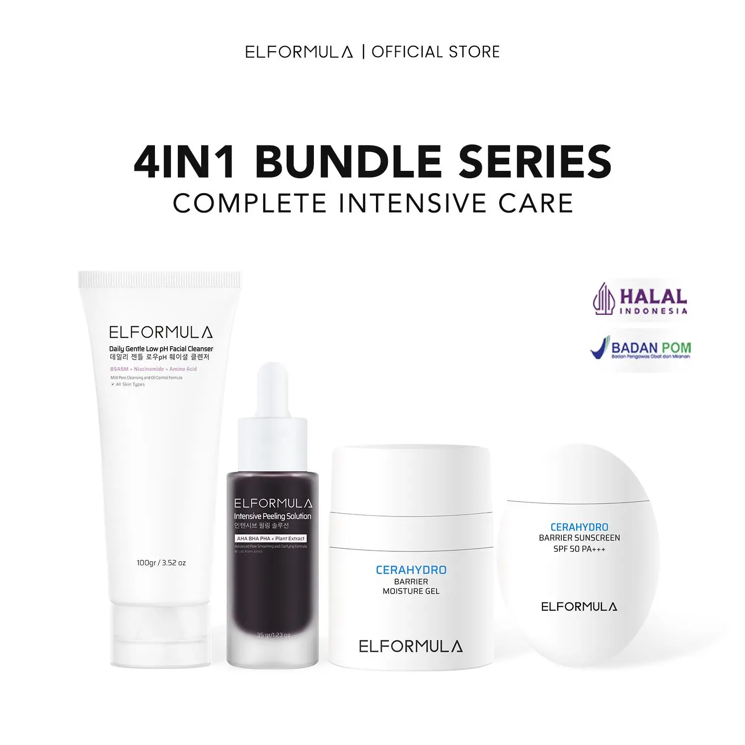 ELFORMULA Complete Intensive Care Bundle 4in1 - Daily Gentle Low pH Facial Cleanser + CeraHydro Barrier Repair Moisture Gel + Intensive Peeling Solution + Sunscreen SPF 50+++