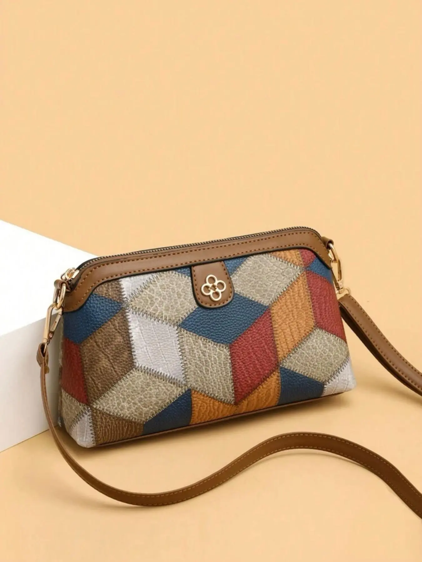 Geometric Argyle Pattern Zipper Purse Crossbody Bag, Vintage Colorblock Adjustable Bag, Versatile Fashion Women's Bag for Everyday Use