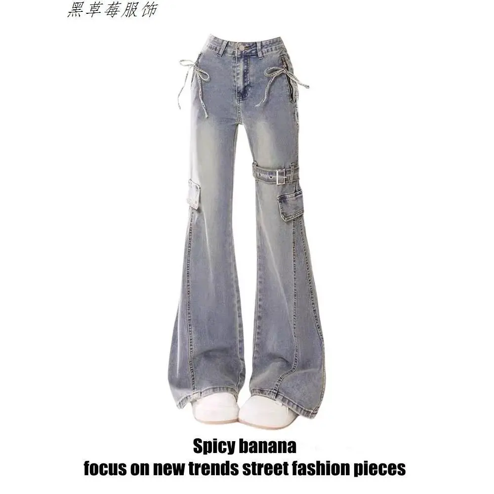 Quần Jean Ống Loe, Băng Quấn Nơ, Thiết Kế Xinh Xắn, Dành Cho Nữ, Phong Cách Mùa Thu, Cổ Điển Mỹ, Cạp Cao, Chân Không Dính, Quần Móng Ngựa, Thời Trang Women Pants