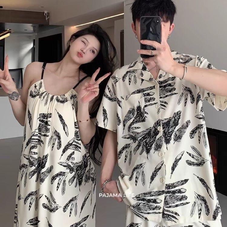 Đồ Ngủ Cặp Đôi, Đệm Ngực Thoáng Khí, Váy Ngủ Có Dây Đeo Mùa Hè, Dành Cho Phụ Nữ Và Nam Giới, Mỏng Và Ngầu, ngắn Tay, Đồ Mặc Nhà, Bộ Nam 2