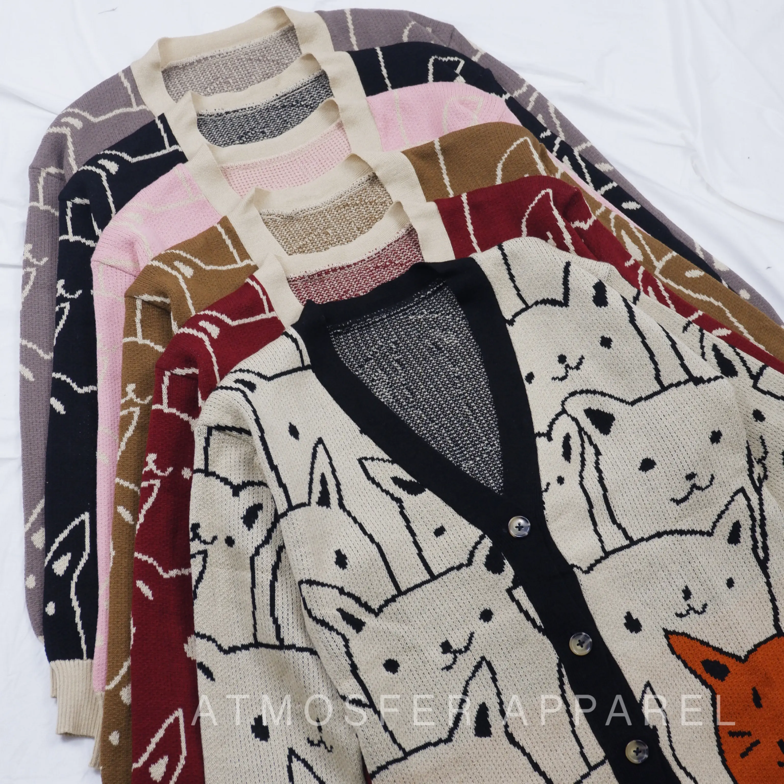 Cat Cardigan Rajut Wanita Oversize Jumbo Motif Kucing Knitwear Kardigan Panjang Atasan Outer Baju Kancing Lembut