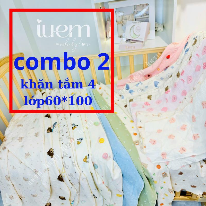 iuem COMBO 2 khăn tắm 4 lớp xô muslin KÍCH THƯỚC VỪA 60*100cm dành cho bé từ sơ sinh, chất dày dặn, mềm mịn, thấm hút tốt. (kích thước +-2cm)