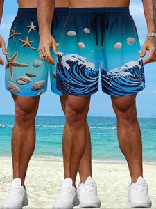 Men's Regular Fit Sea Wave Print Shorts, Casual Comfy Breathable Quick Drying Shorts for Summer, Men's Shorts for Beach Vacation