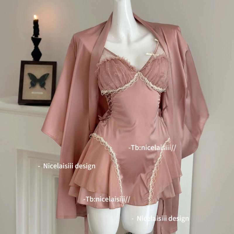 V23. Váy Ngủ Lụa + Set Choàng Váy Mặc Nhà Pha Ren Cổ V Đan Dây Thắt Eo Nữ Women Nữ Women