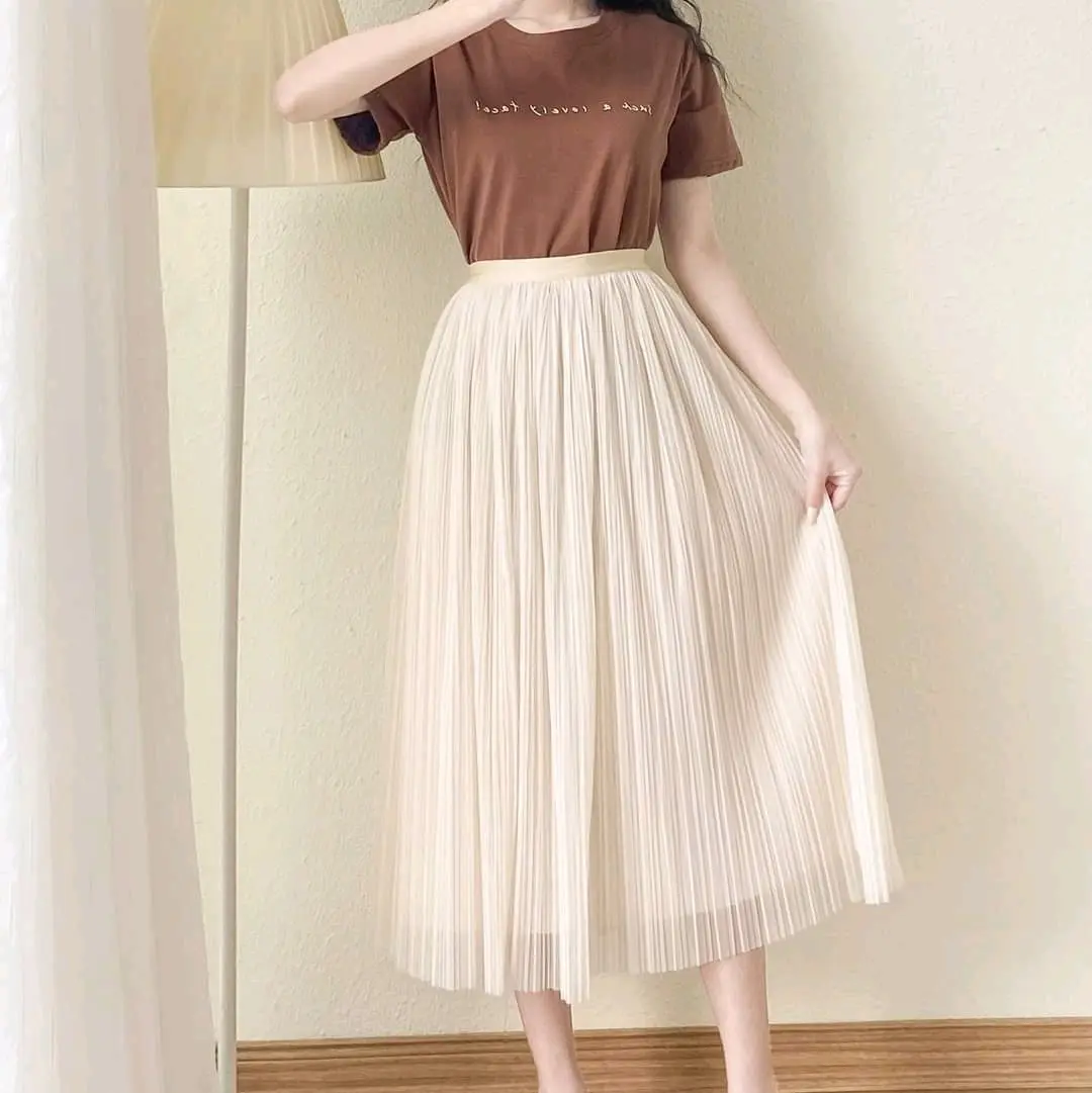 Chân váy voan dập ly 2 lớp Chân váy xếp ly dáng dài Chân váy công sở Beauty Women Bo Chun  Đen