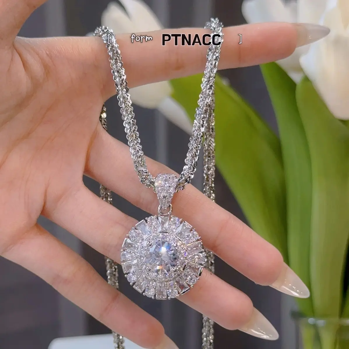PTNACC dây chuyền xoắn mai 3li phối mặt đính đá paguet dánh tròn cao cấp dành cho phụ nữ, xi bạch kim dâ y c huyền