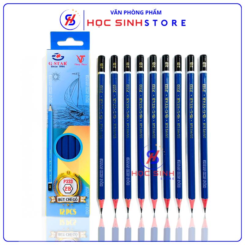 Hộp 12 Cây Bút Chì Gỗ G-Star P333 2B-3B-4B-5B-6B Chì Tốt Chuốt Không Gãy Vụn - Màu Chì Đậm Đều