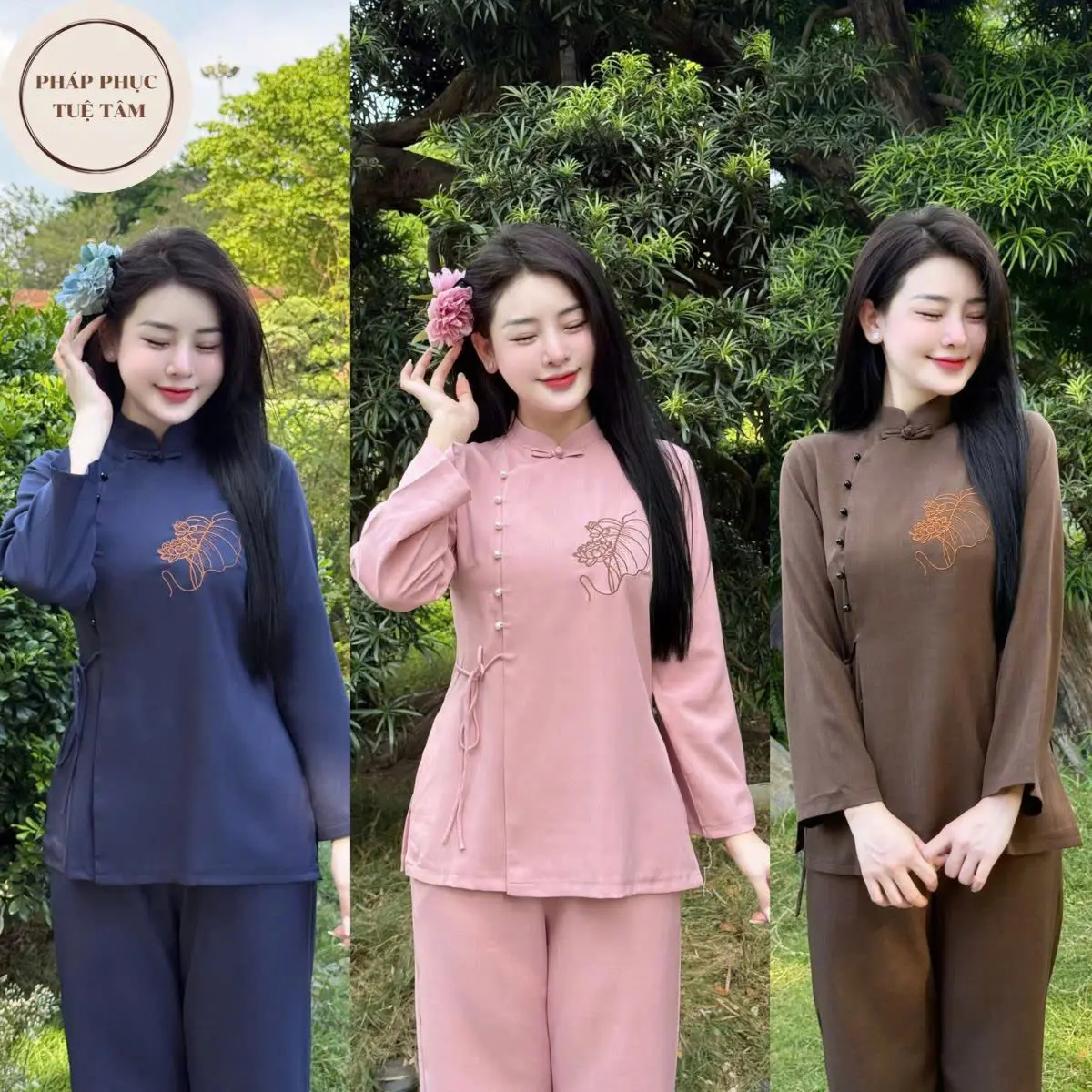 Tuệ Tâm Pháp Phục Bộ quần áo đi chùa cho nữ cổ trụ thêu sen chất liệu đũi mềm mát sang chảnh điệu đà - Top Đồ Lam Women