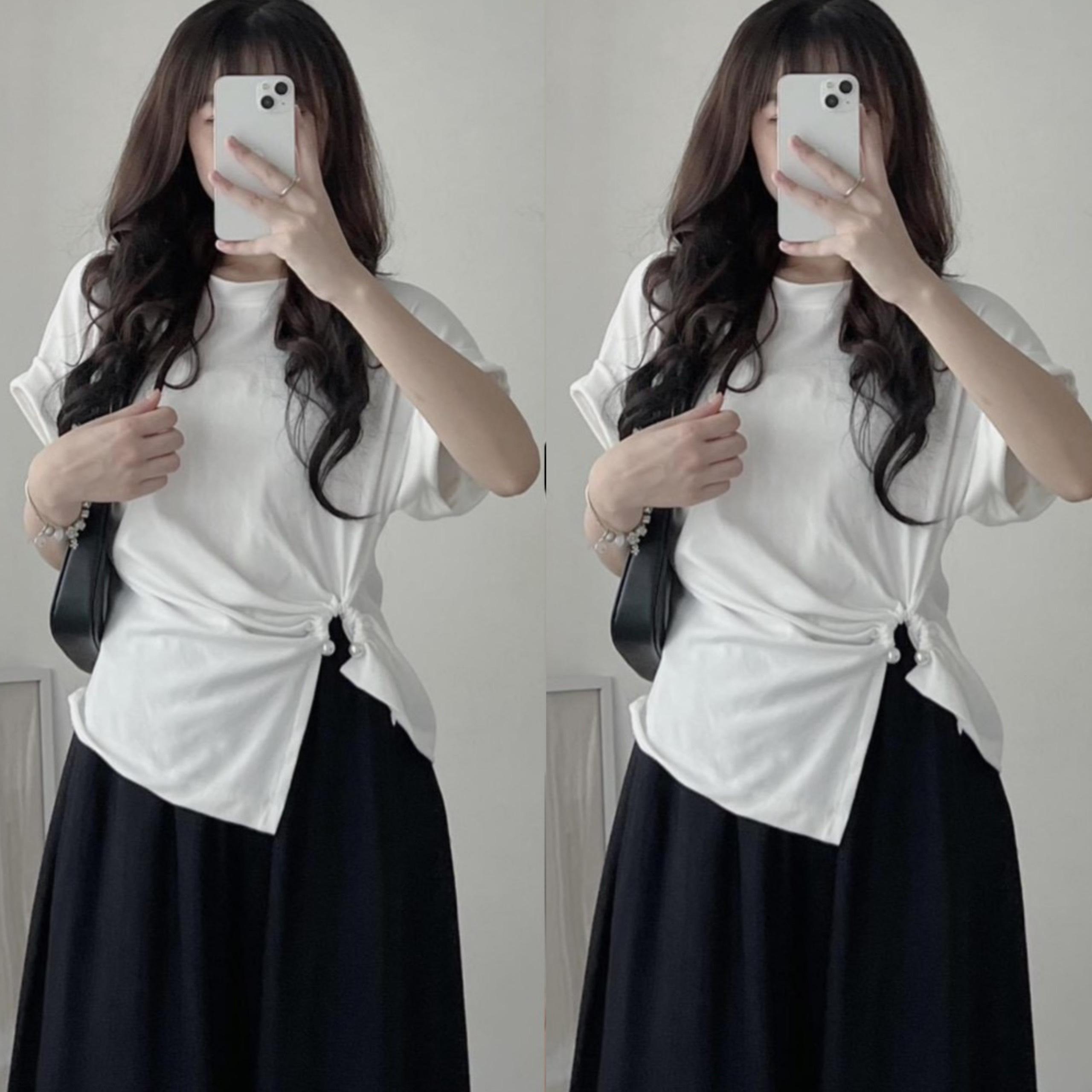Thời Trang Bigsize Áo Thun Dây Rút Vải Thun Tăm Lạnh QC 50 - 100Kg Dễ Thương Top Nữ Women Đen - A.1187