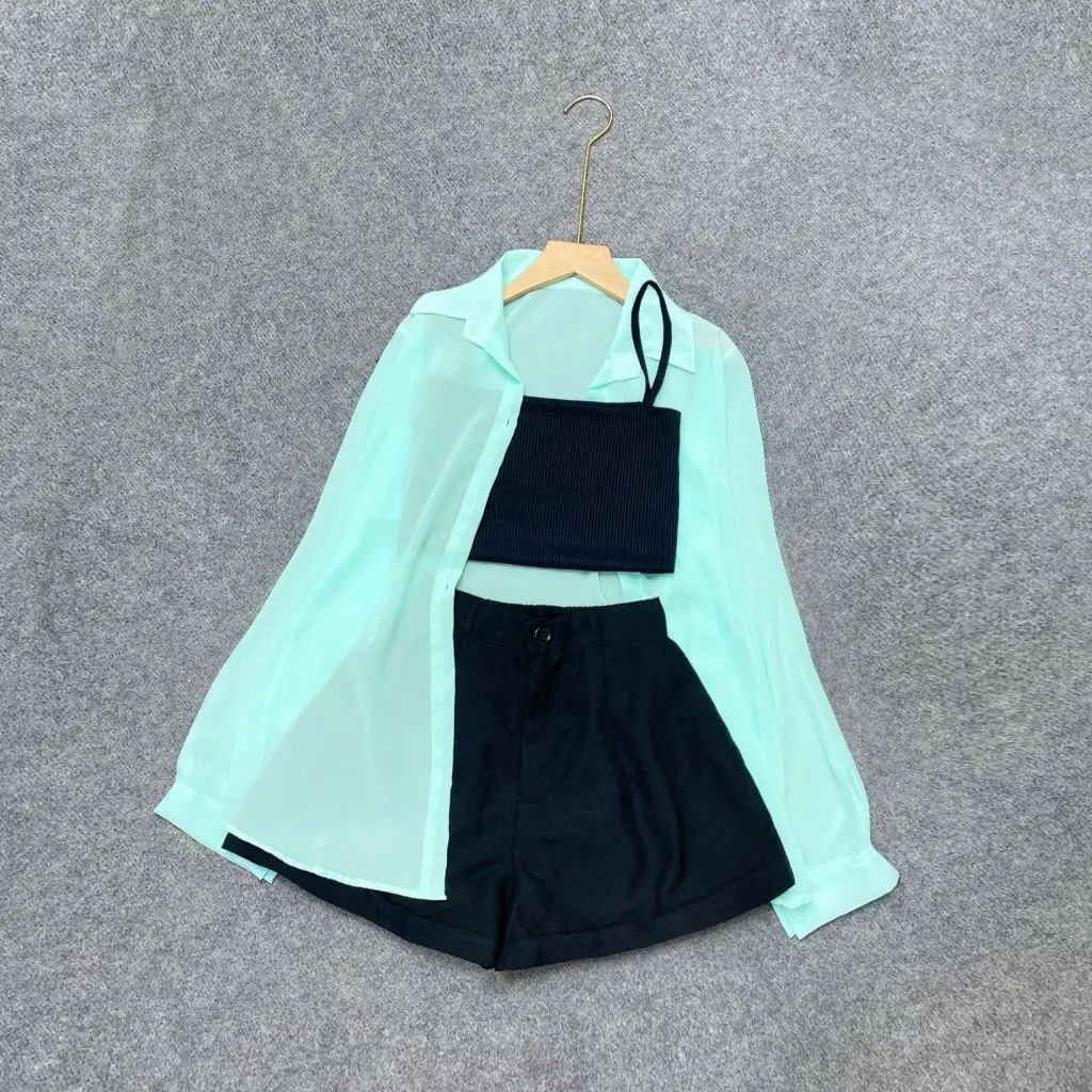 Set đồ (3 món) bigsize nữ áo sơ mi voan kèm áo dây mix cùng quần đùi ống rộng lưng thun co giãn - SET967