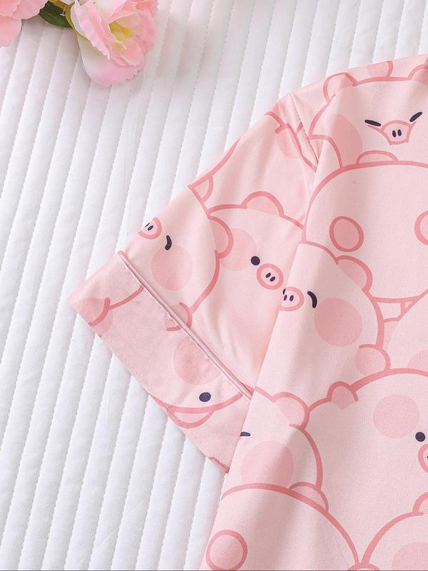 Girl's Cartoon Cat Print Lapel Neck Shirt & Shorts Two-piece Pajamas Set, Cute Casual Short Sleeve Top & Shorts, Kids Sleepwear for All Seasons 7