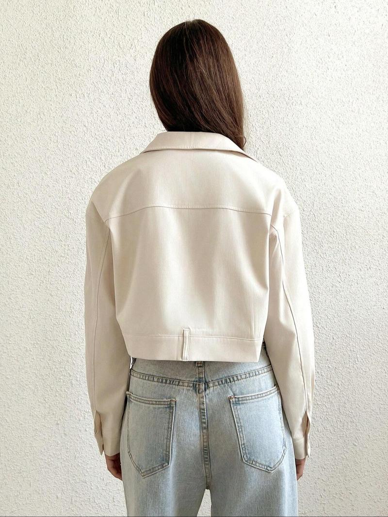 Product Introduction of Women's Solid Drop Shoulder Zip Up Crop Jacket, Casual Long Sleeve Collared Pocket Outerwear for Spring & Fall, Ladies Clothes for Daily Wear 2