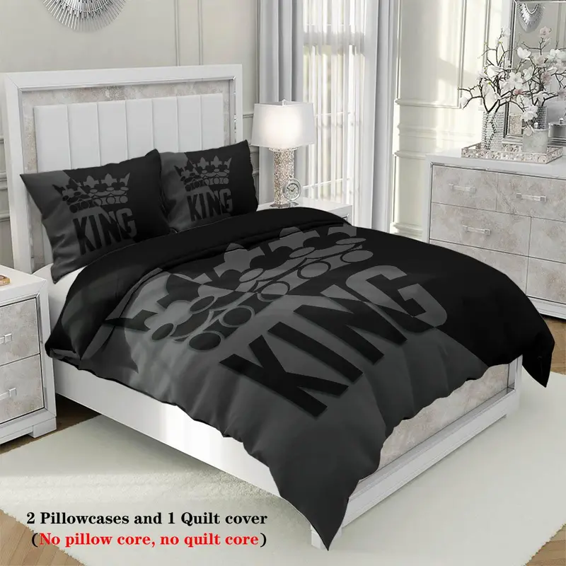 Crown Letter Print Bedding Set, 3 Counts/set Including 1 Duvet Cover & 2 Pillowcase, Soft Comfortable Bedding Set for Home Bedroom 5
