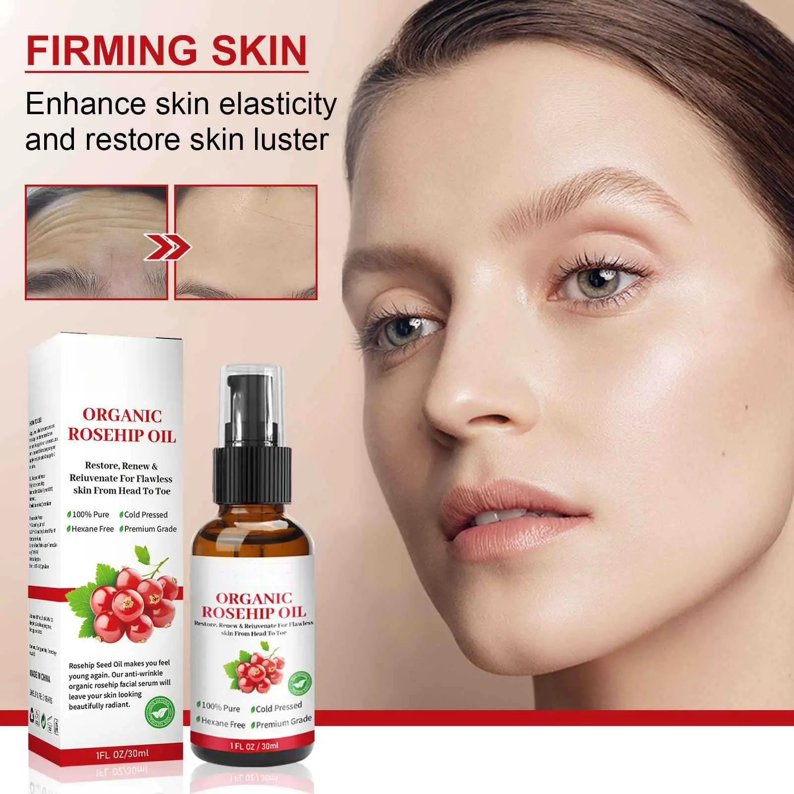 30ml/1oz Rosehip Oil, Cold Pressed Moisturizer Essential Oil For Face, Hair, Nails & Skin For Women & Men
