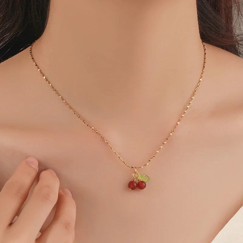 Product Introduction of Stainless Steel Cherry Necklace, Cute Bead Pendant Necklace, Ladies' Wedding Jewelry, Birthday Gift Necklace 1