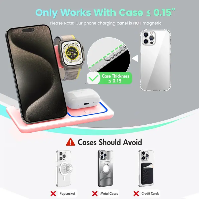 3 in 1 Wireless Fast Charging Stand, 15W Wireless Intelligent Identification Charger, Foldable Storage Travel Charger for Desktop Office Business Trip 7