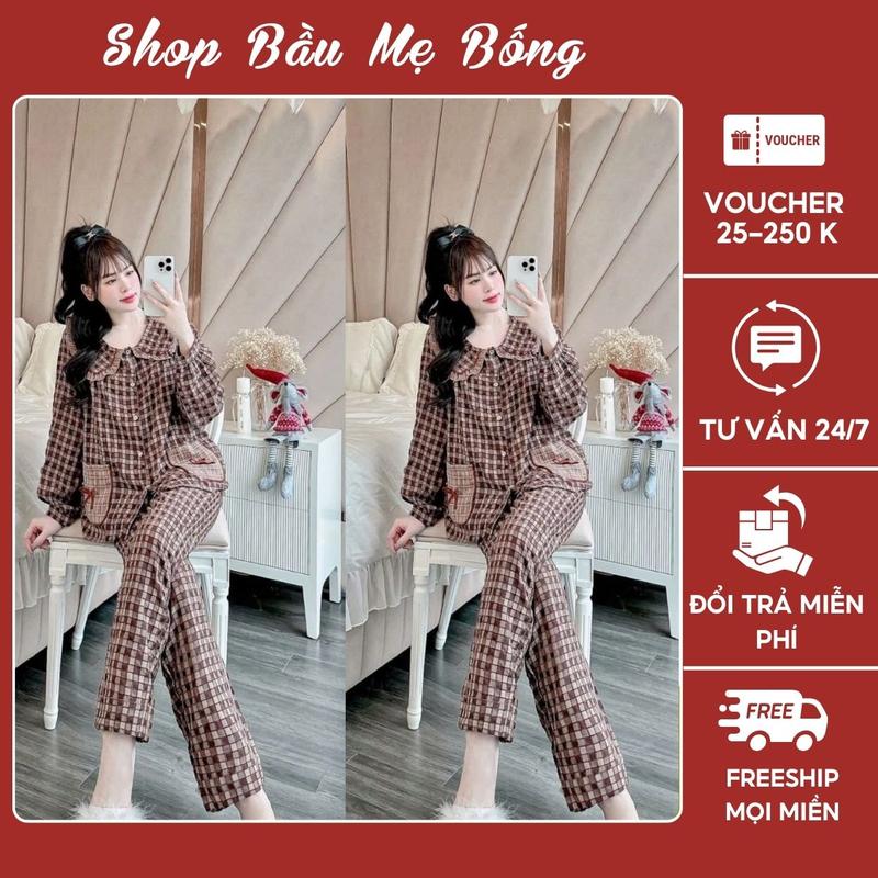 Bộ Bầu Bộ Sau Sinh Mặc Nhà Quần Dài Áo Dài Kẻ Túi Nơ Cổ Bèo Vải Đũi Phối Nhung Mềm Mịn Dưới 72kg Dành Riêng Cho Mẹ Bầu