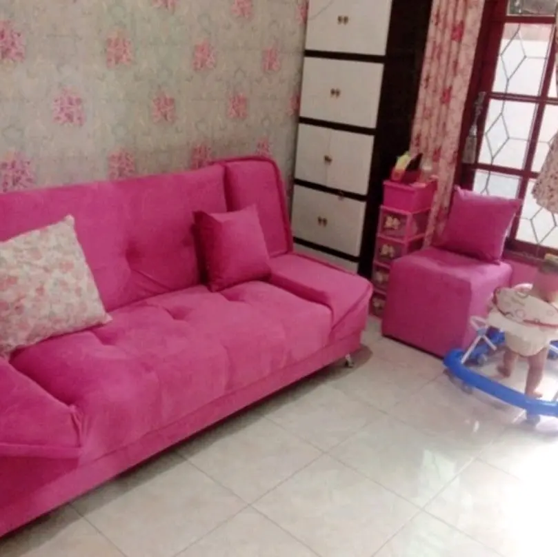 Sofa bed Minimalist Pink 609 . Free puff 1 Dan 2 bantal.