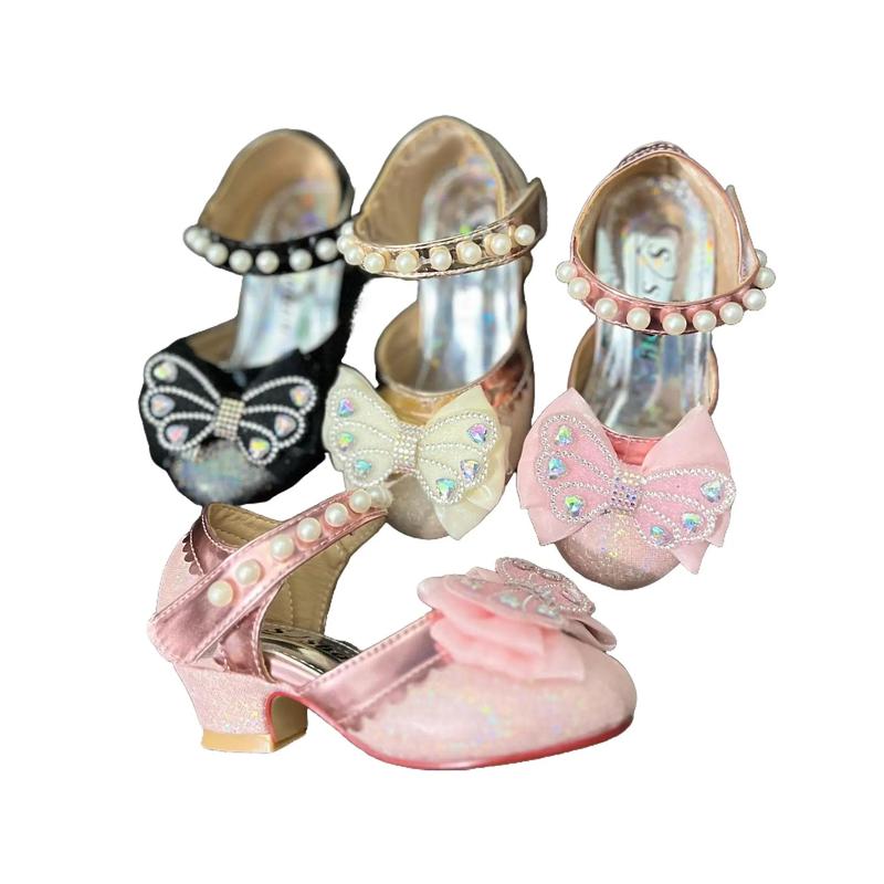 Giày Cao Gót Bé Gai Nơ Cánh Đá Giày Búp Bê Gót 3cm Cho Bé Gái Đi Tiệc Đi Chơi Mũi tròn Kem giày cao cho trẻ em dép
