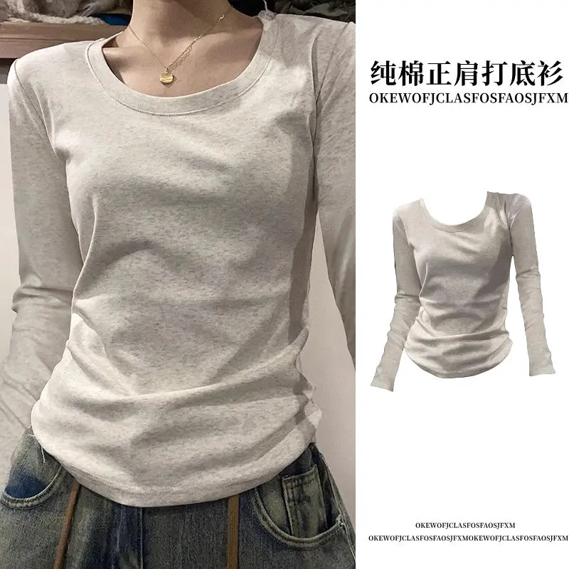 Áo Thun Tay Dài Vai Thông Thường Phong Cách Mỹ, Chất Liệu Cotton Nguyên Chất, Thiết Kế Mới Mùa Xuân Và Mùa Thu, Dáng Ôm, Áo Sơ Mi Cơ Sở Cổ Tròn, Bó Sát, Áo Nữ Cô Gái Nóng Bỏng
