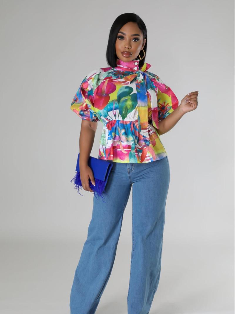 Product Introduction of Women's Floral Print Bow Design Blouse, Casual Top for Summer, Ladies Clothes for Daily Wear 6