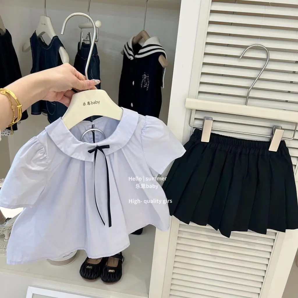 [HANG KIS]  SET ÁO XANH BABYDOLL CHÂN VÁY XẾP LY TIÊU THƯ 8-23KG