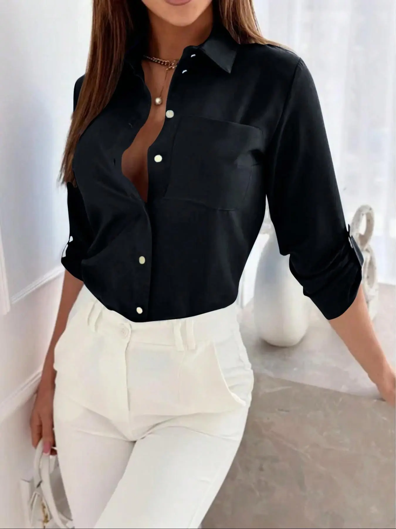 Women's Plain Button Front Shirt, Elegant Long Sleeve Collared Top for Spring & Fall, Clothes for Women, Ladies Clothes for Work Office Business