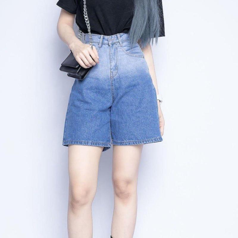 Quần Ngố Jean Nữ Lưng Cao Ombre JUBE Vol.62, Quần Lửng Nữ Trơn Loang Màu Lai Cuốn Vải Jean Không Co Giãn. BST Jube Ombre