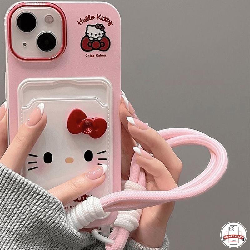 Ốp lưng Hello Kitty nơ dễ thương sáng tạo ngọt ngào Tương thích cho IPhone XR 7Plus 15 16 13 11 14 12 Pro Max X XS Max 16 7 8 6s 6 15 Plus SE 2020 Khe cắm thẻ đôi Vỏ dây buộc 4