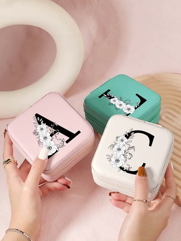 Letter Pattern Jewelry Box, Mini Zipper Jewelry Organizer, Travel Jewelry Storage Box for Rings, Necklaces, and Earrings 7